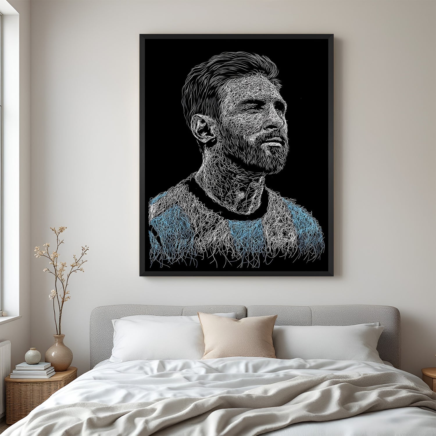 Messi face football wall art in black floater frame premium sports canvas decor