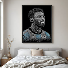 Messi face football wall art in black floater frame premium sports canvas decor