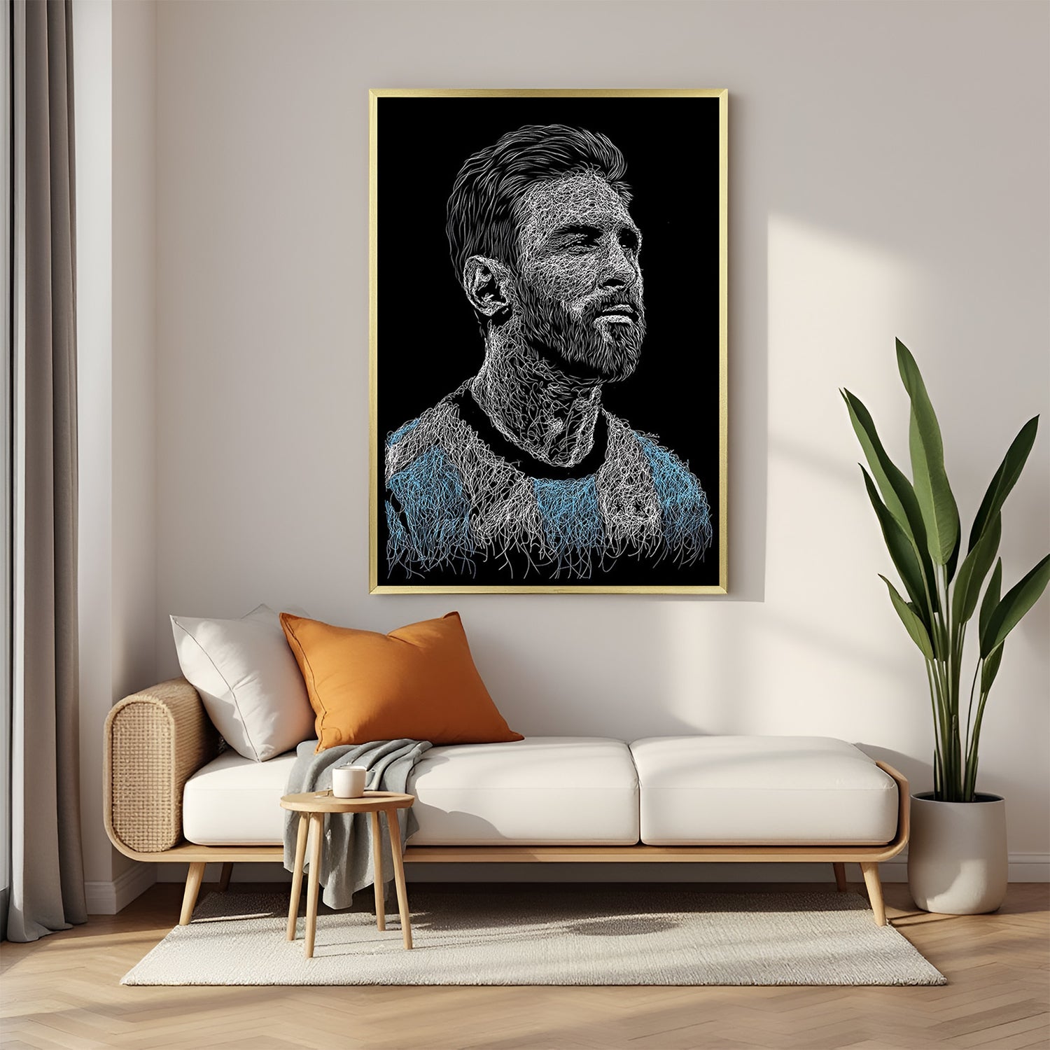 Lionel Messi face artwork in golden floater frame luxury football wall painting decor