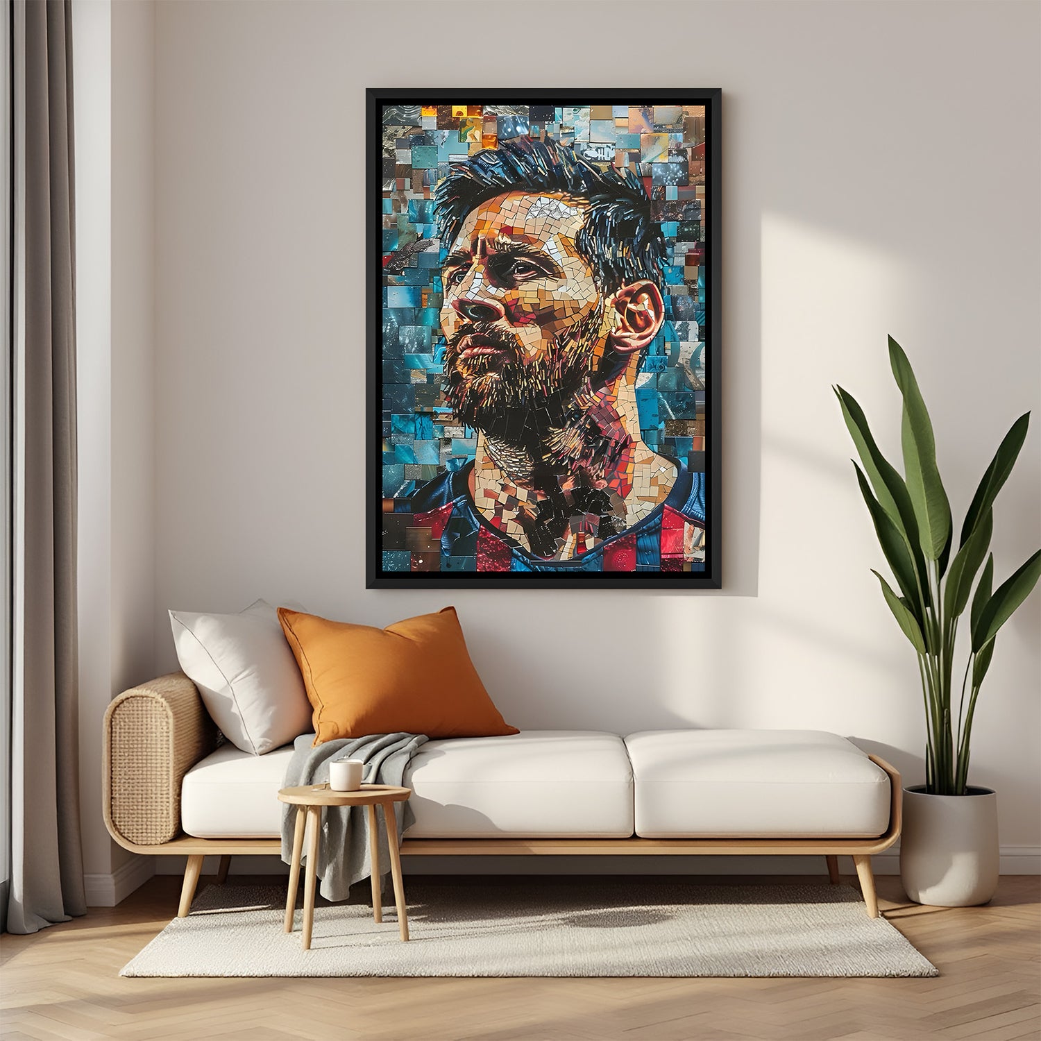 Messi painted style football wall art in black floater frame premium sports canvas decor