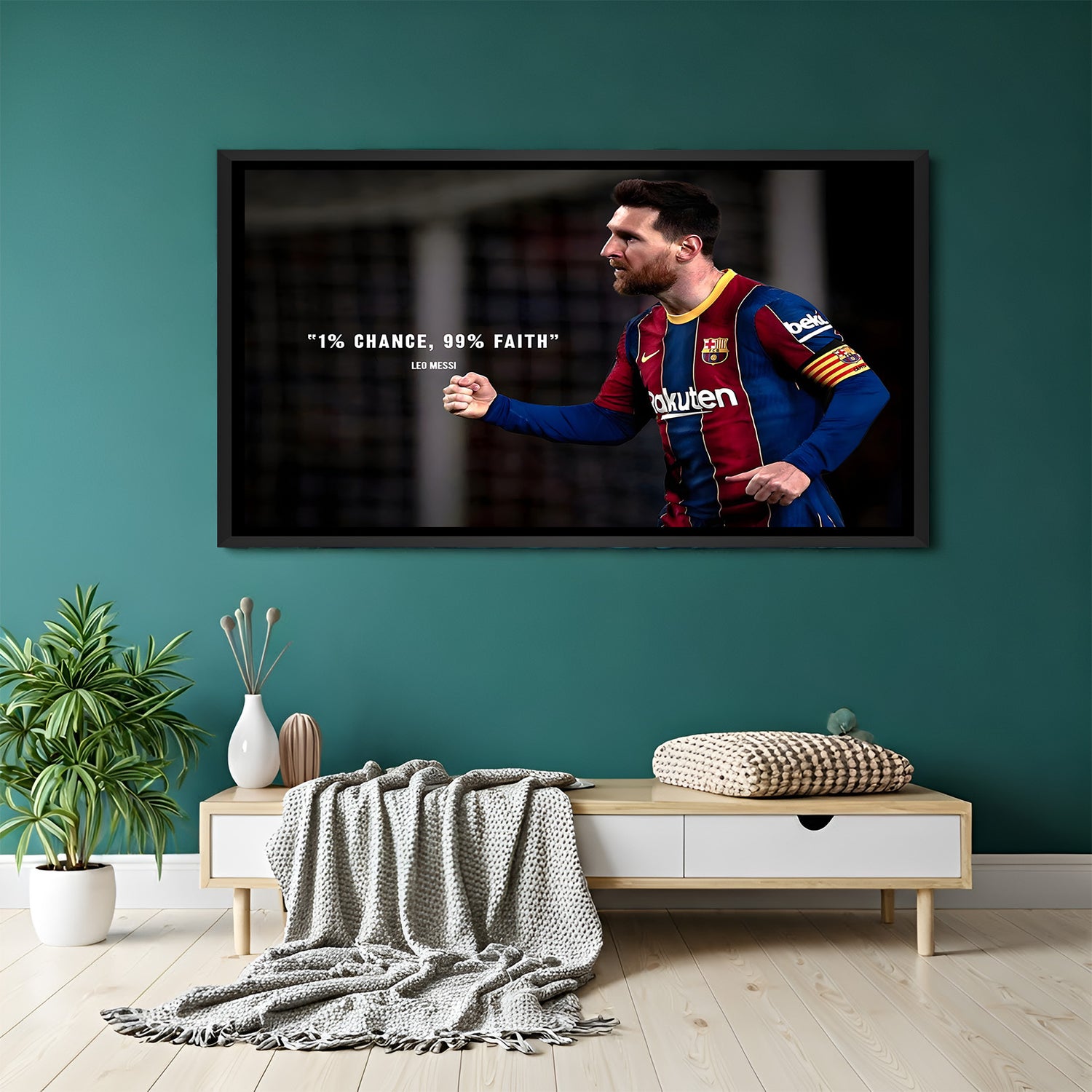 Messi motivational football wall art in black floater frame premium soccer canvas decor