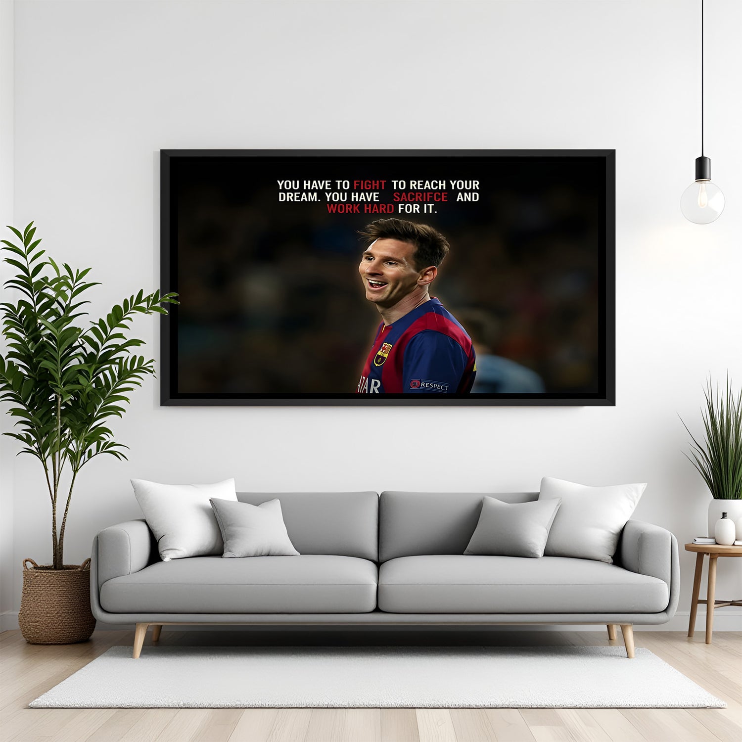 Messi motivational football wall art in black floater frame premium soccer canvas decor