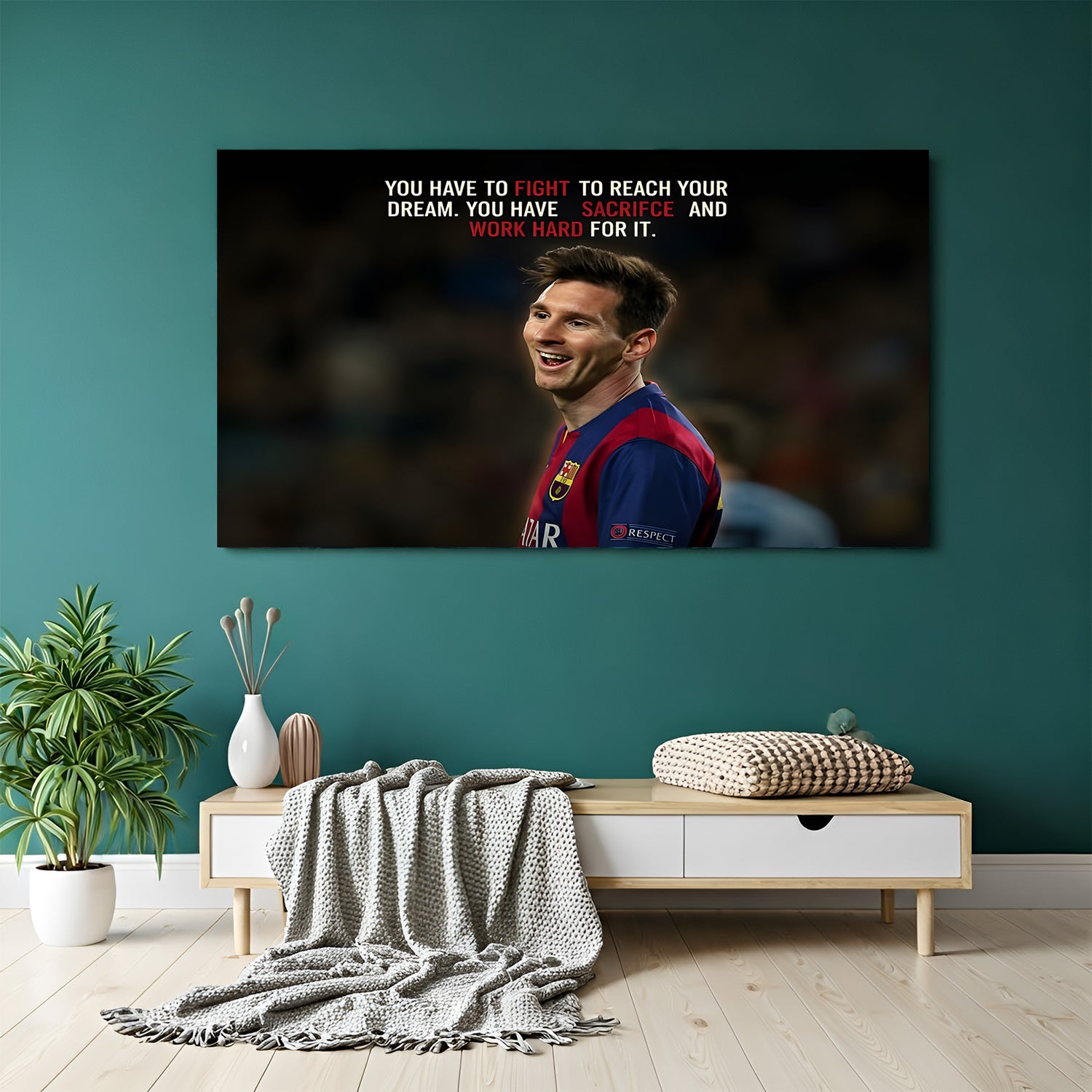 Lionel Messi football motivation canvas wall art with fight for your dream quote sports decor
