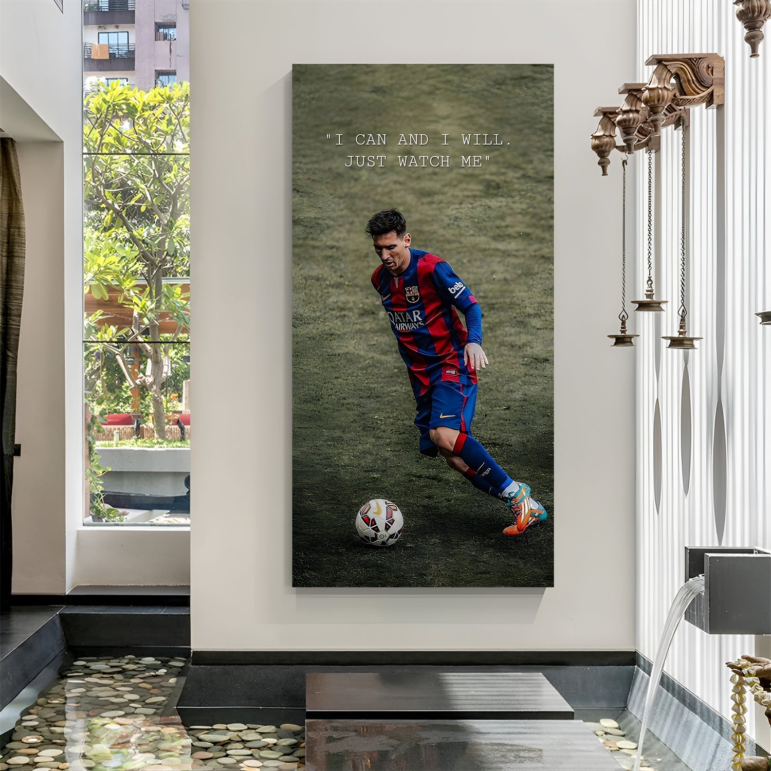 Lionel Messi football motivation canvas wall art with I can and I will quote sports decor