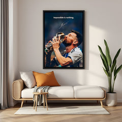 Messi trophy celebration wall art in black floater frame premium football canvas decor