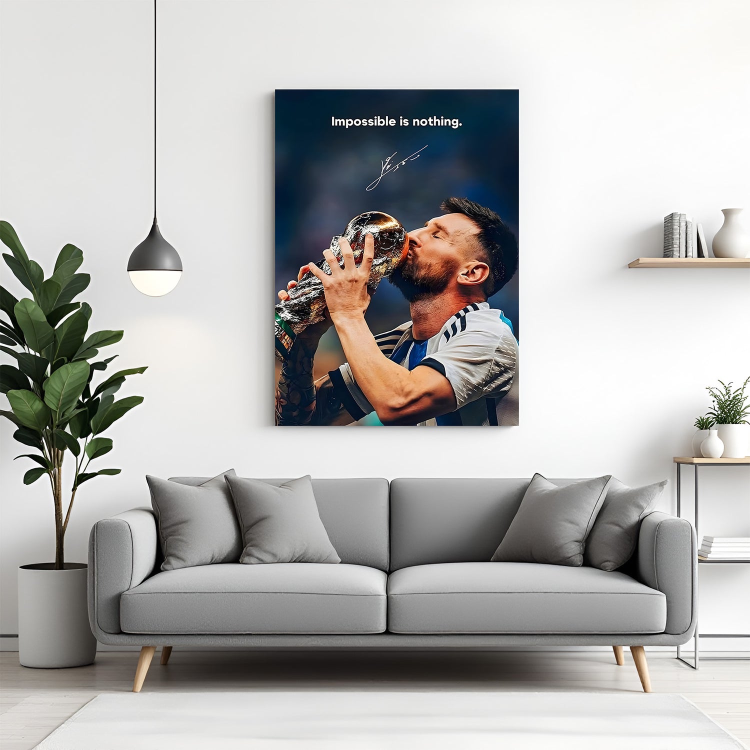Lionel Messi kissing trophy football motivation canvas wall art with impossible is nothing quote
