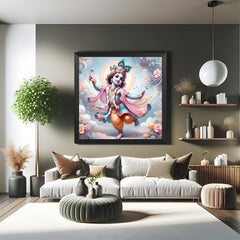 Bal Krishna Vastu wall art in black floater frame, ideal for home decor and spiritual harmony, enhancing joy and divine protection