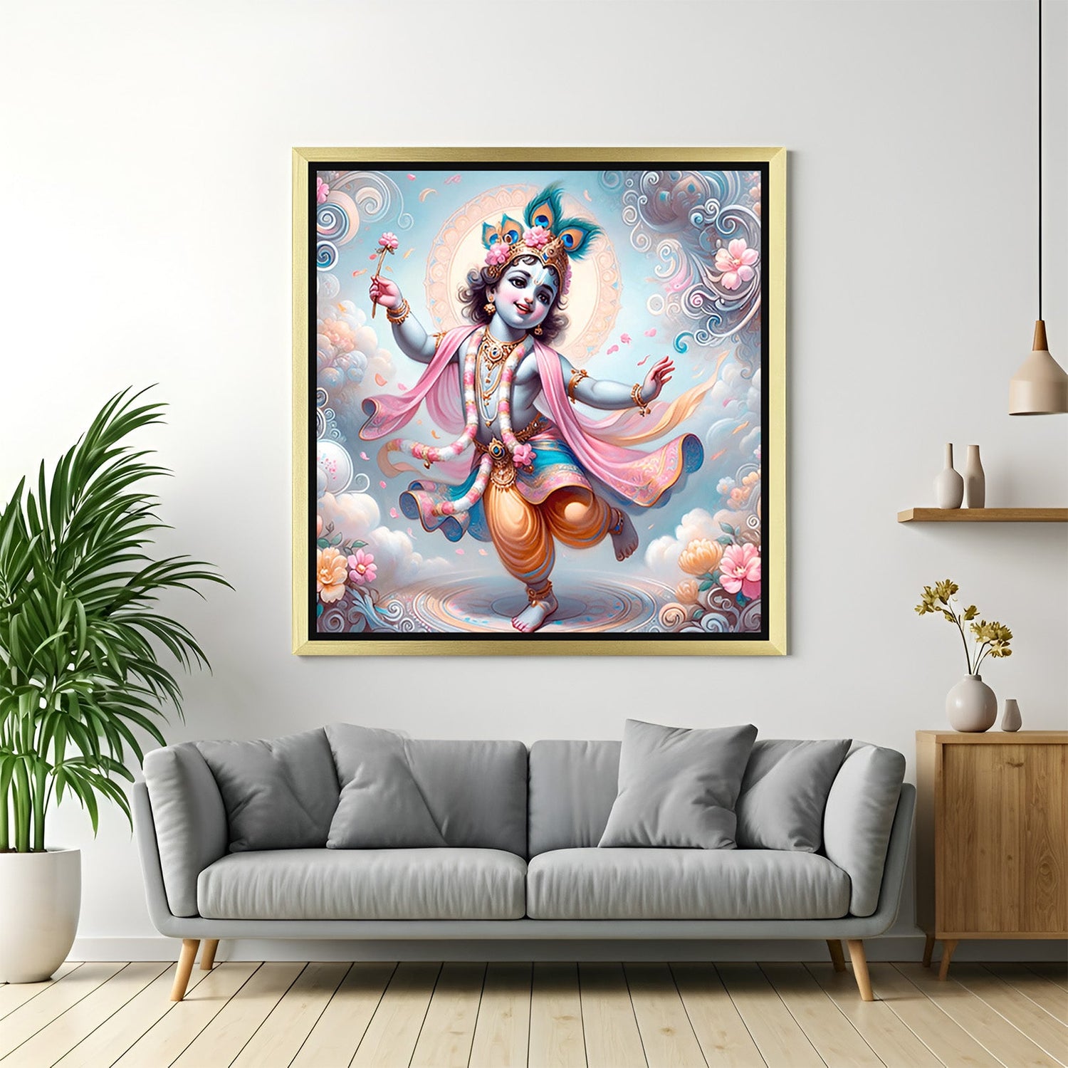 Little Krishna canvas in golden floater frame for home or children’s space, bringing Vastu-compliant positivity and playful spiritual energy