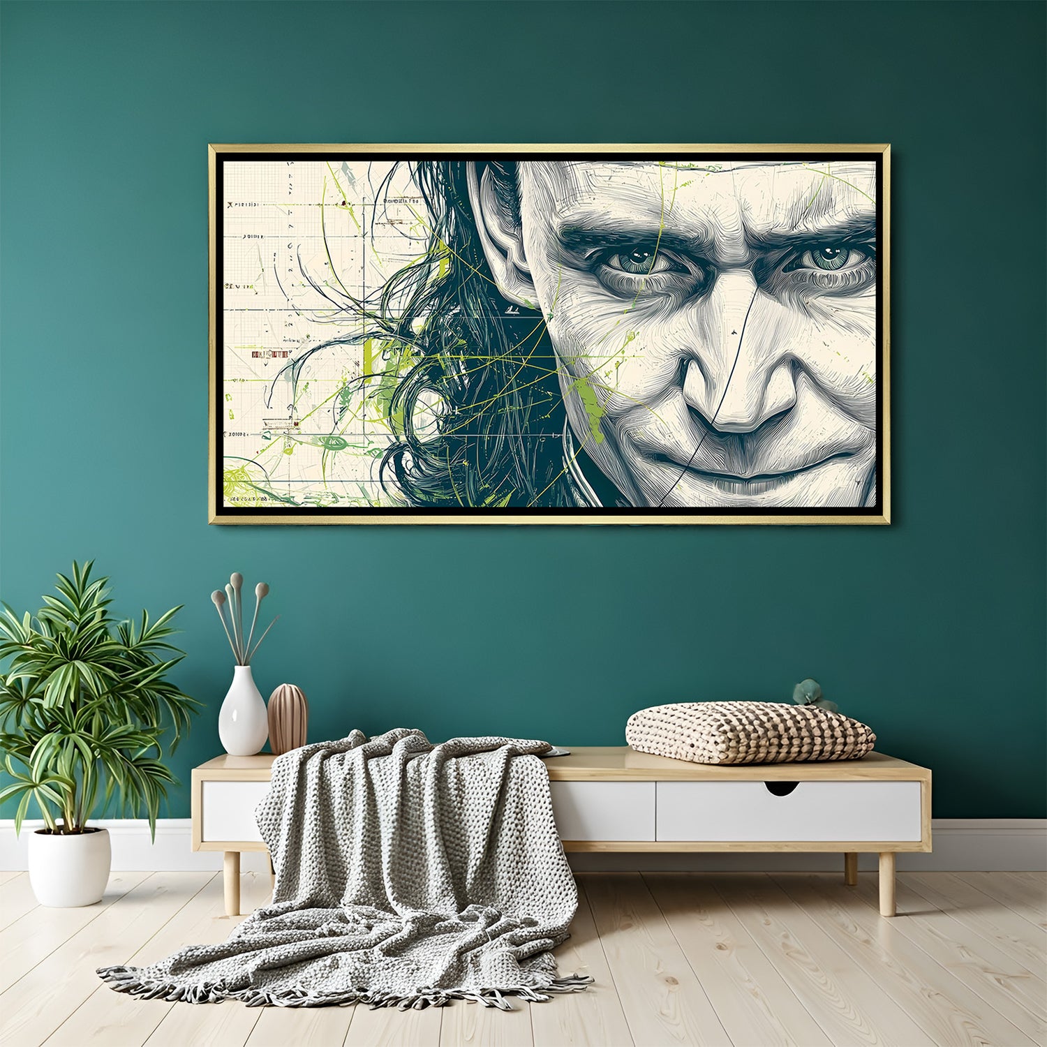 Loki God of Mischief Half Face artwork in luxury golden floater frame featuring intense half-face character design