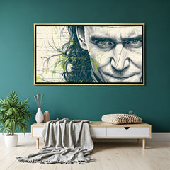 Loki God of Mischief Half Face artwork in luxury golden floater frame featuring intense half-face character design