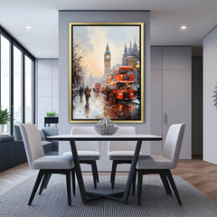 Hand-painted canvas wall art of London street view with Big Ben in winter in golden floater frame