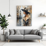 London chic woman canvas wall art wrapped on stretcher frame displayed in modern living room