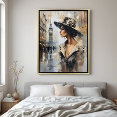 London chic woman canvas wall art in golden floater frame showcasing luxury home decor