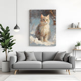 Emotional winter canvas wall art with a cute cat sitting alone on snow, peaceful and heart-touching scene for cozy home decor