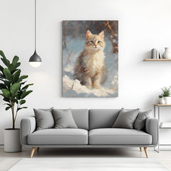 Emotional winter canvas wall art with a cute cat sitting alone on snow, peaceful and heart-touching scene for cozy home decor