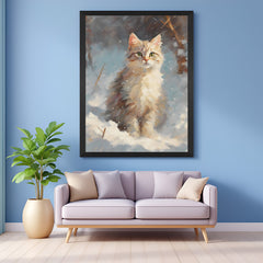 Snowy cat canvas in black floater frame, emotional winter pet artwork for bedrooms and intimate interior spaces