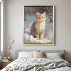 Cat in winter wall art with golden floater frame, expressive snowy landscape artwork for thoughtful and soulful decor