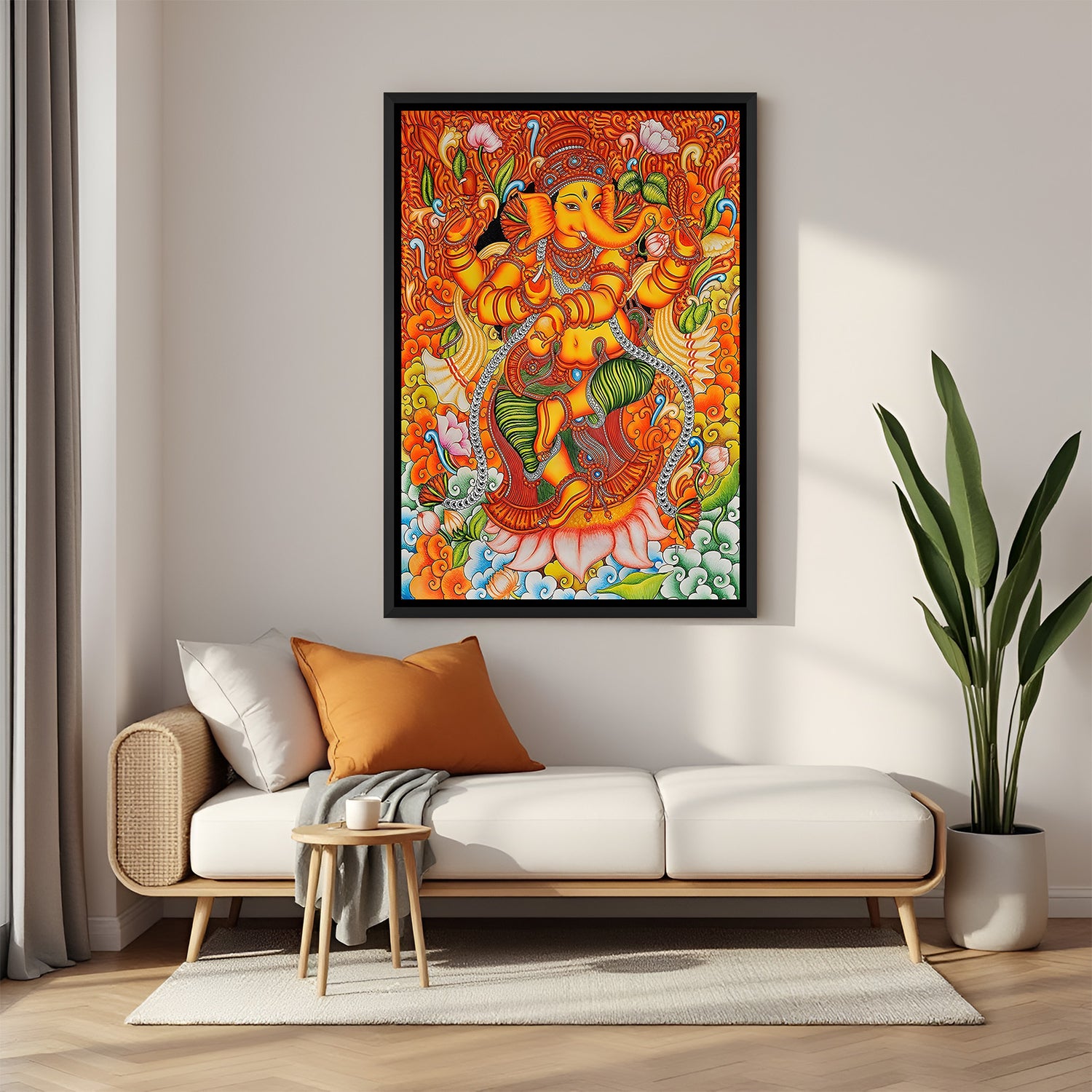 Lord Ganesha Kerala mural wall painting in elegant black floater frame for spiritual interiors