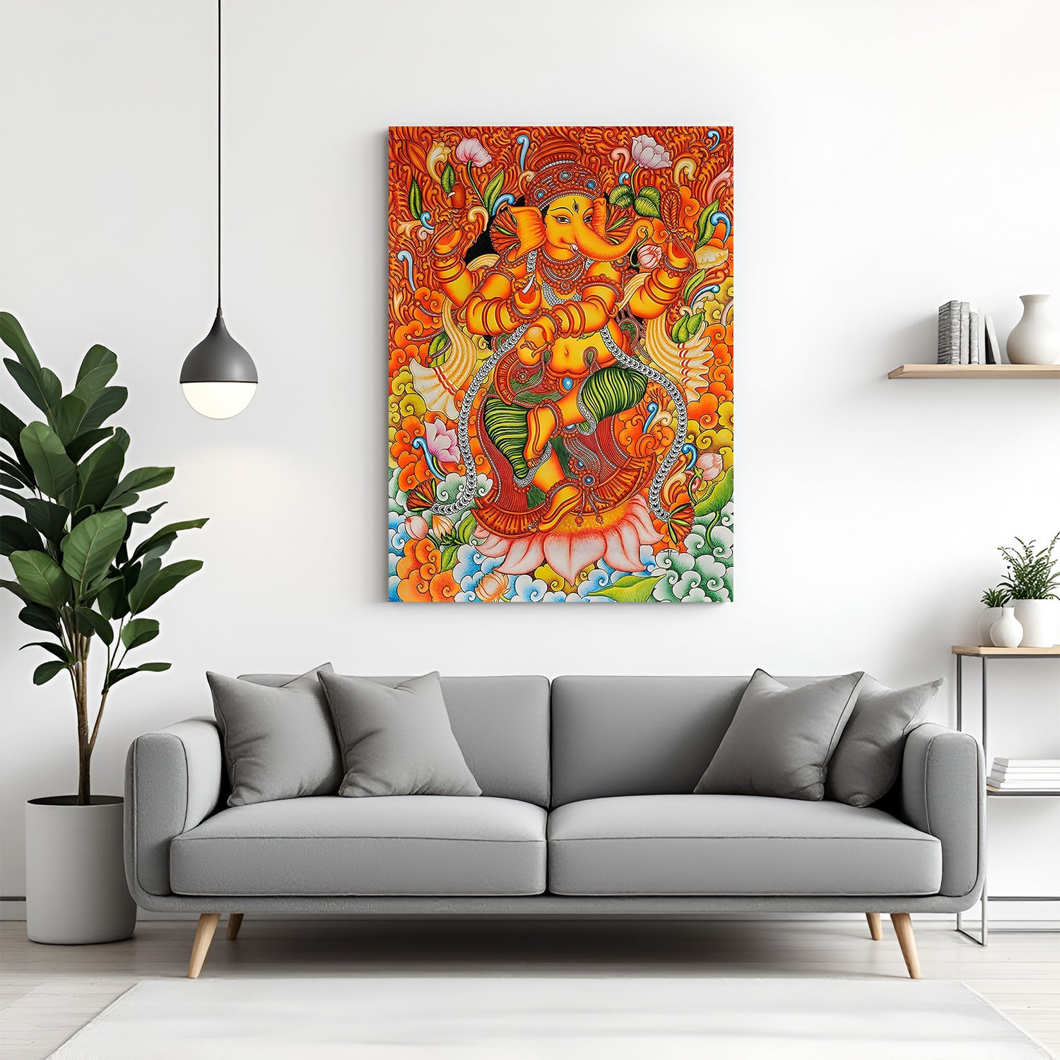 Lord Ganesha Kerala mural canvas wall art in premium canvas wrapped frame with vibrant traditional detailing