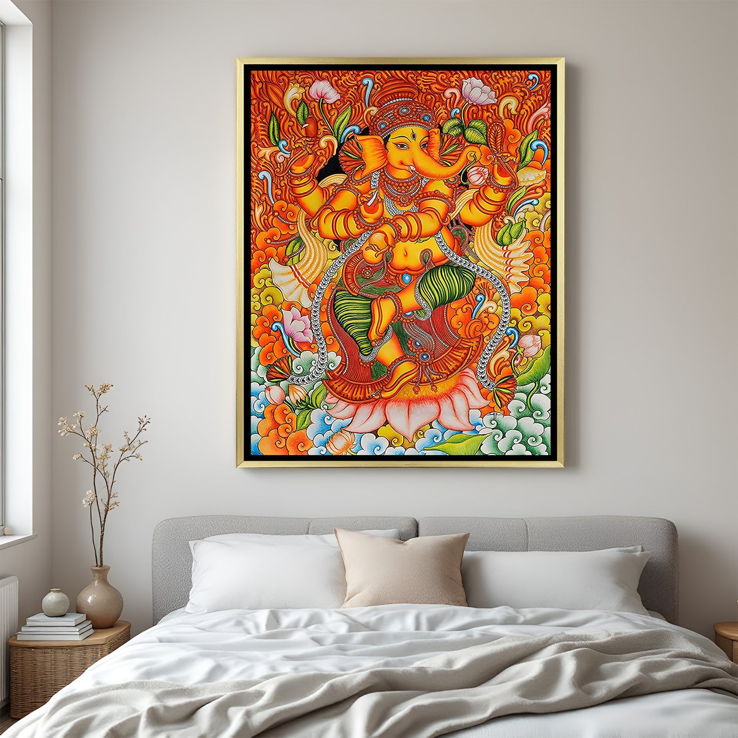 Luxury Lord Ganesha Kerala mural artwork in golden floater frame with intricate traditional Indian design