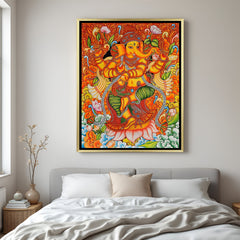Luxury Lord Ganesha Kerala mural artwork in golden floater frame with intricate traditional Indian design