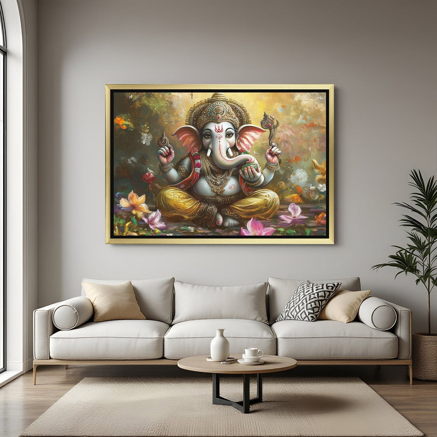 Golden frame sacred Ganesh vastu wall art representing wisdom, peace, and positive energy flow for home or office