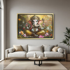 Golden frame sacred Ganesh vastu wall art representing wisdom, peace, and positive energy flow for home or office