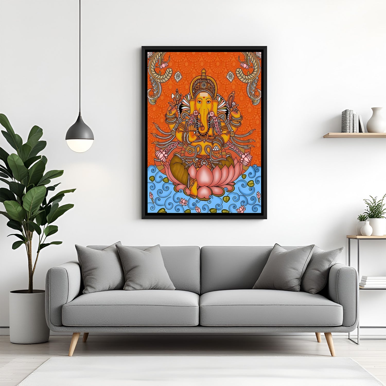 Lord Ganesha Kerala mural wall painting in elegant black floater frame for spiritual interiors