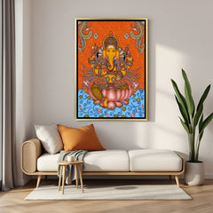Luxury Lord Ganesha Kerala mural artwork in golden floater frame with traditional Indian design