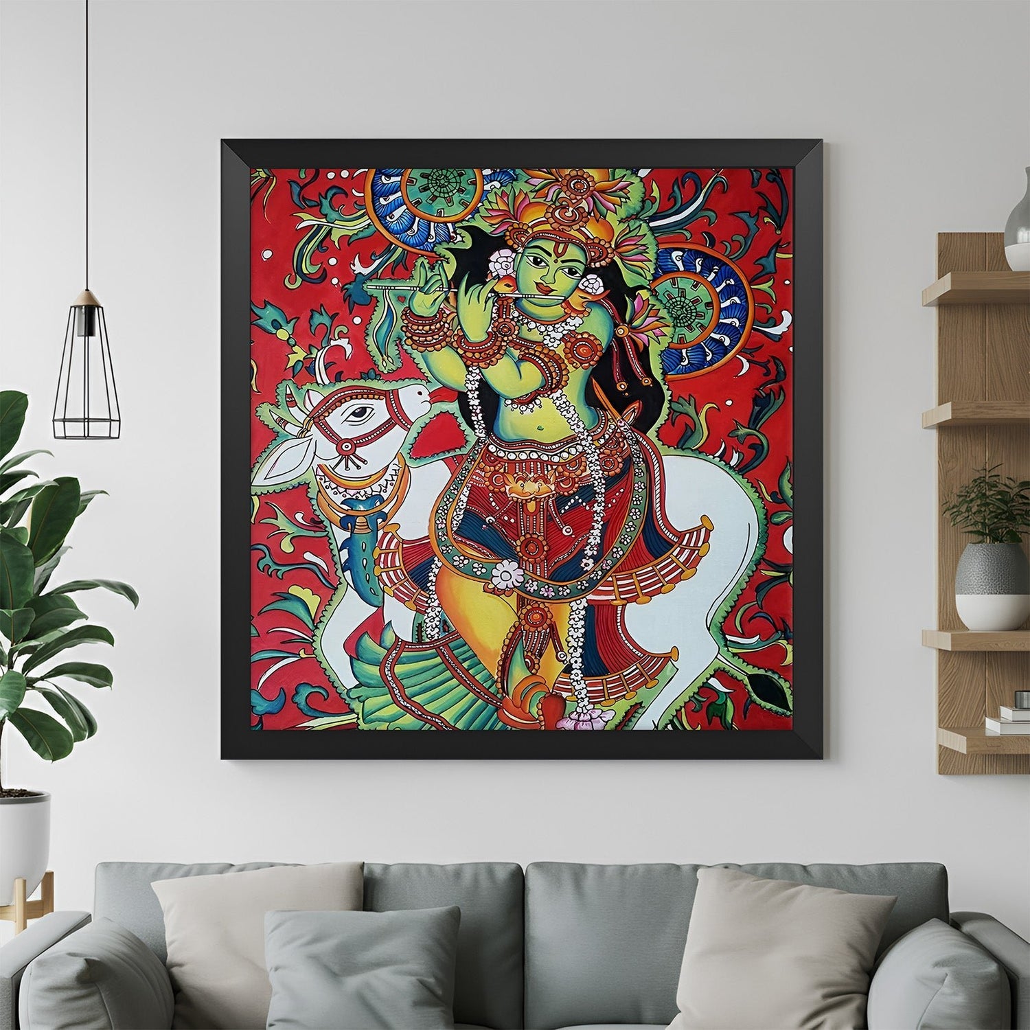 Lord Krishna Kerala mural in black frame – divine canvas wall painting for traditional home and pooja room interiors
