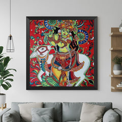 Lord Krishna Kerala mural in black frame – divine canvas wall painting for traditional home and pooja room interiors