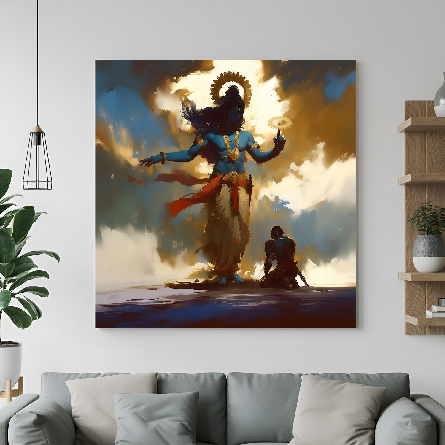 Square Lord Krishna wall art showing radiant divine form with golden celestial background.
