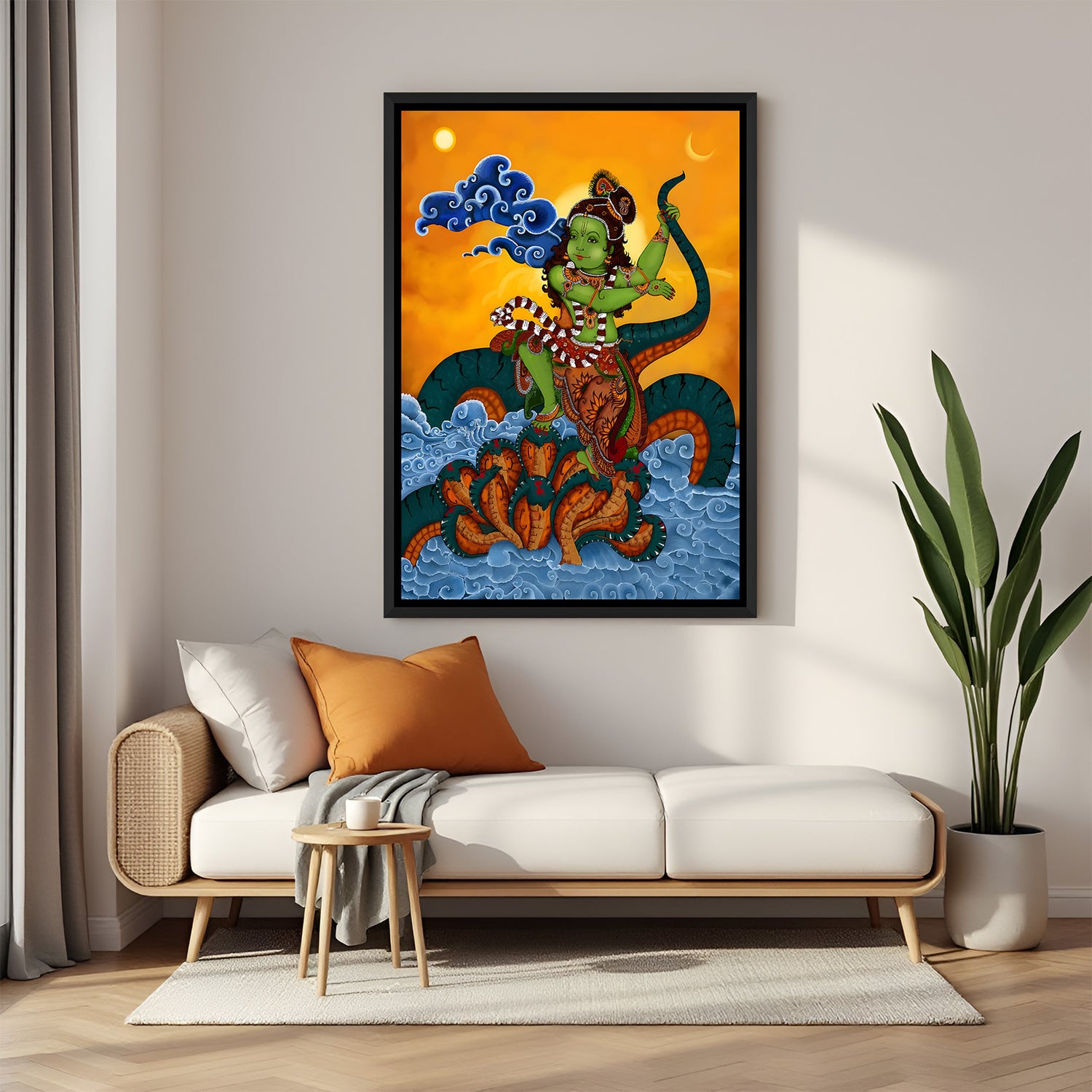 Lord Krishna Kalia Naag Kerala mural wall painting in elegant black floater frame for spiritual interiors