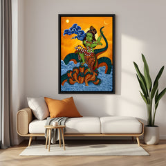 Lord Krishna Kalia Naag Kerala mural wall painting in elegant black floater frame for spiritual interiors