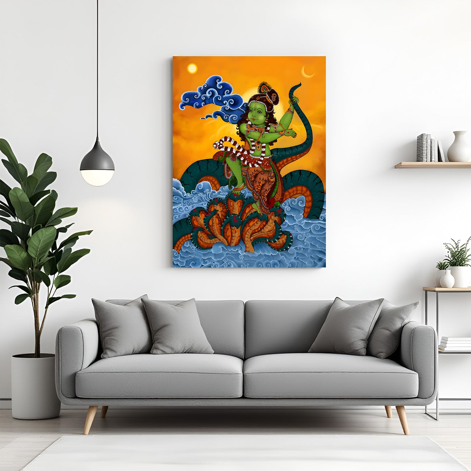 Lord Krishna dancing on Kalia Naag Kerala mural canvas wall art in premium canvas wrapped frame with traditional detailing