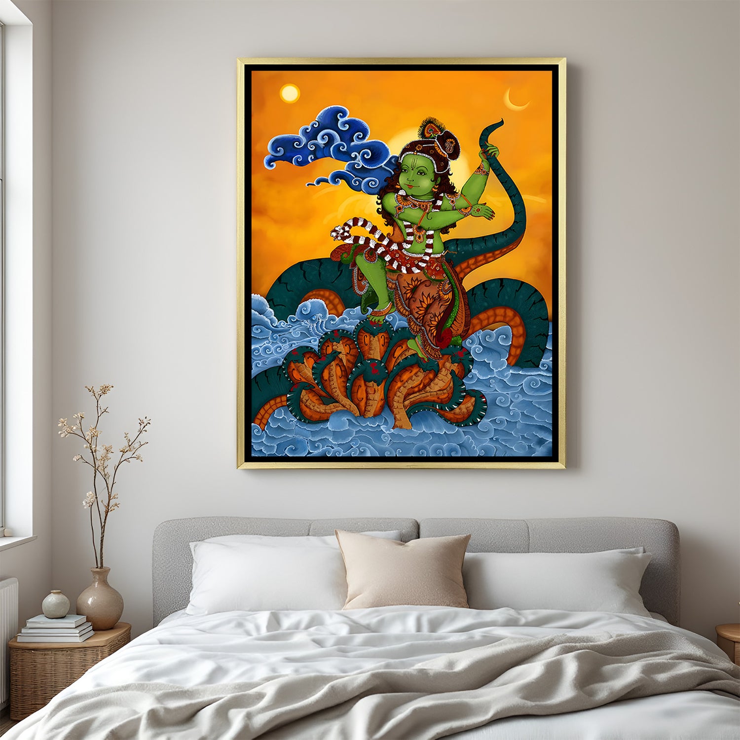 Luxury Lord Krishna dancing on Kalia Naag Kerala mural artwork in golden floater frame with intricate traditional design