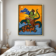 Luxury Lord Krishna dancing on Kalia Naag Kerala mural artwork in golden floater frame with intricate traditional design