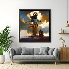 Framed Lord Krishna square artwork in black frame displayed above modern grey sofa.