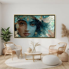 Elegant Lord Krishna wall decor in gold frame with teal floral detailing.
