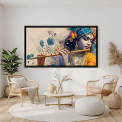 Lord Krishna panoramic artwork in black frame displayed above modern sofa.