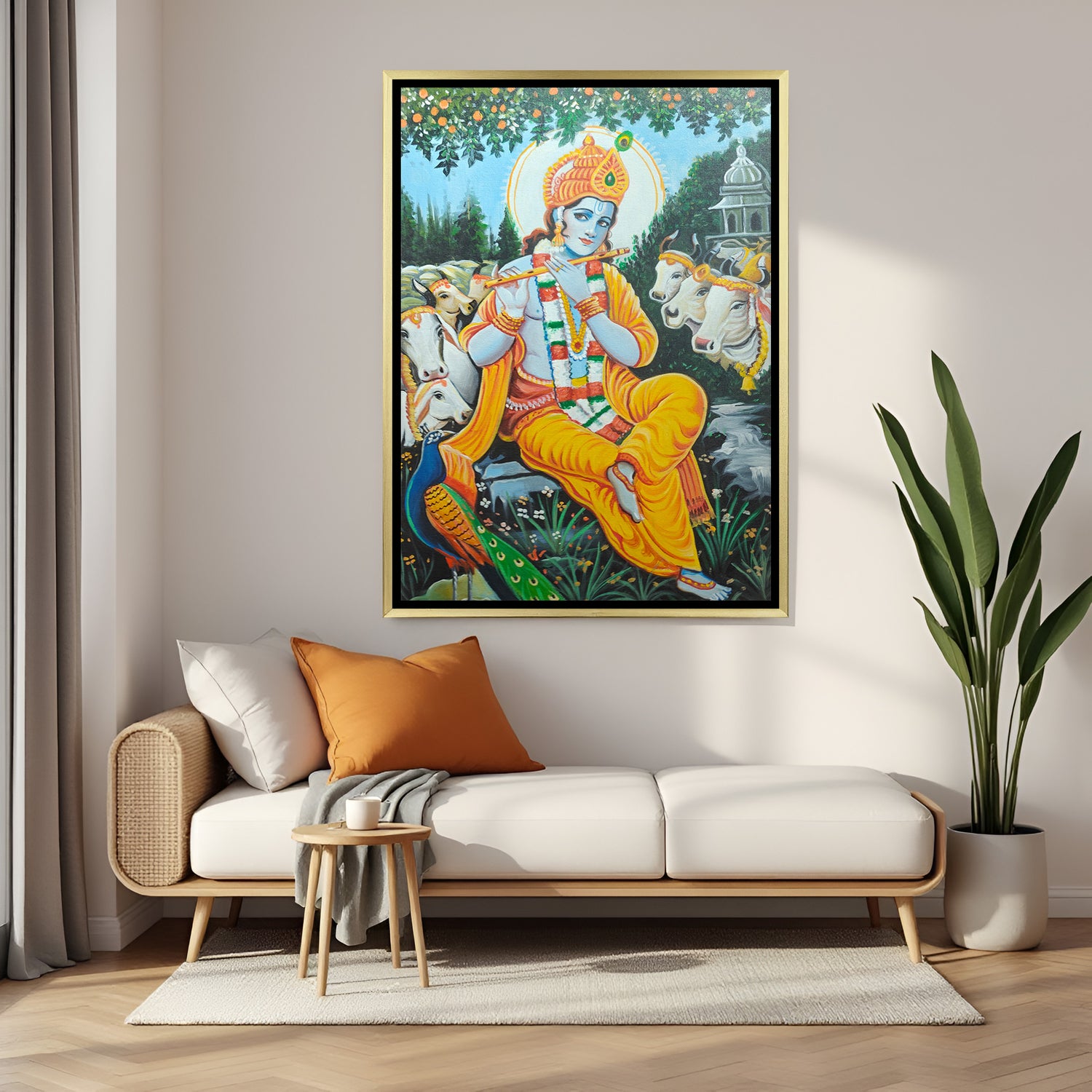 Lord Krishna hand painted canvas artwork in golden floater frame – spiritual Vastu wall art for peace and prosperity
