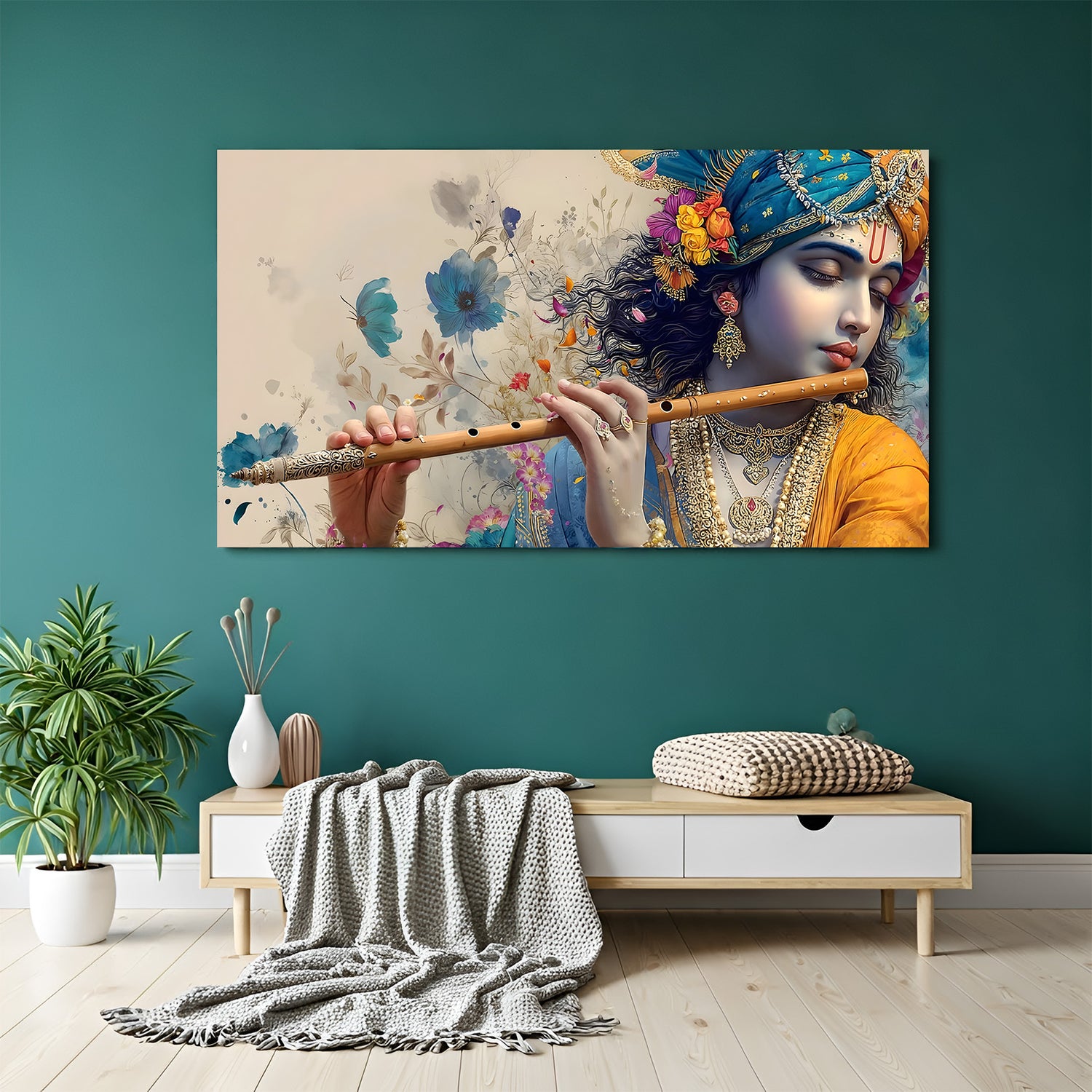 Panoramic Lord Krishna wall art featuring Krishna playing flute with peacock feather crown.