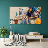 Panoramic Lord Krishna wall art featuring Krishna playing flute with peacock feather crown.