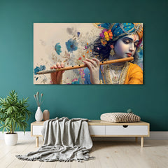 Panoramic Lord Krishna wall art featuring Krishna playing flute with peacock feather crown.