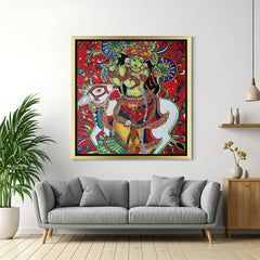 Golden frame Kerala mural of Lord Krishna – spiritual canvas painting for ethnic wall art and peaceful home decor
