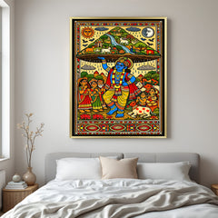 Divine Lord Krishna lifting Govardhan Parvat Madhubani painting in luxury golden floater frame with detailed folk art design