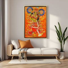 Luxury Lord Krishna Kerala mural artwork in golden floater frame with intricate traditional Indian design