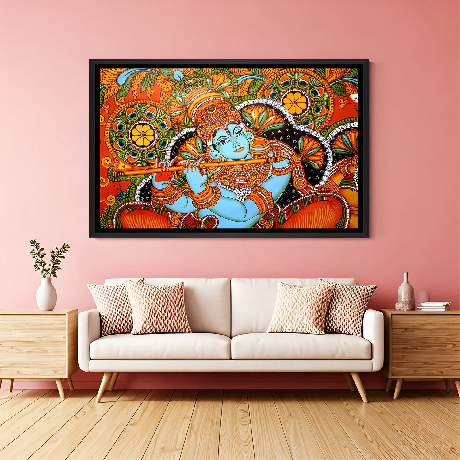 Lord Krishna flute Kerala mural wall painting in elegant black floater frame for spiritual interiors