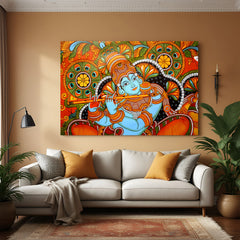 Lord Krishna playing flute Kerala mural canvas wall art in premium canvas wrapped frame with vibrant traditional detailing