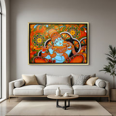 Luxury Lord Krishna playing flute Kerala mural artwork in golden floater frame with intricate traditional Indian design